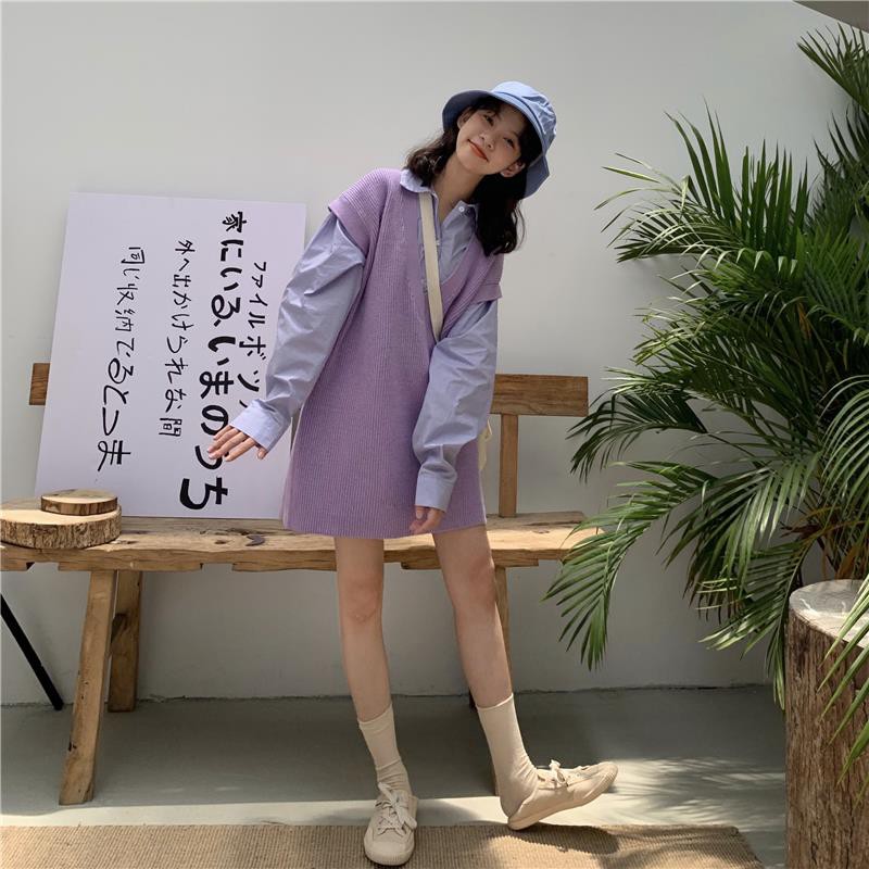 Set tím sơ mi với gile dáng dài cute - có ảnh thật