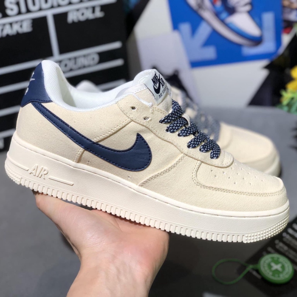 Giày Nike_air force 1, AF1 beige deep blue bản vải màu be, AF1 vàng cát vệt xanh cao cấp, tặng box bảo vệ