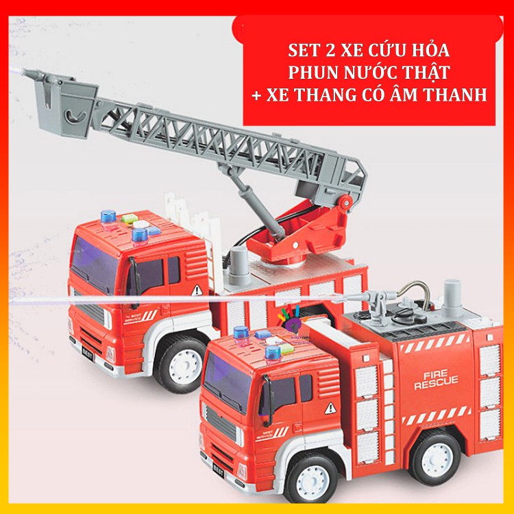 SET 2 xe cứu hỏa phun nước loại to đèn và nhạc 1:16