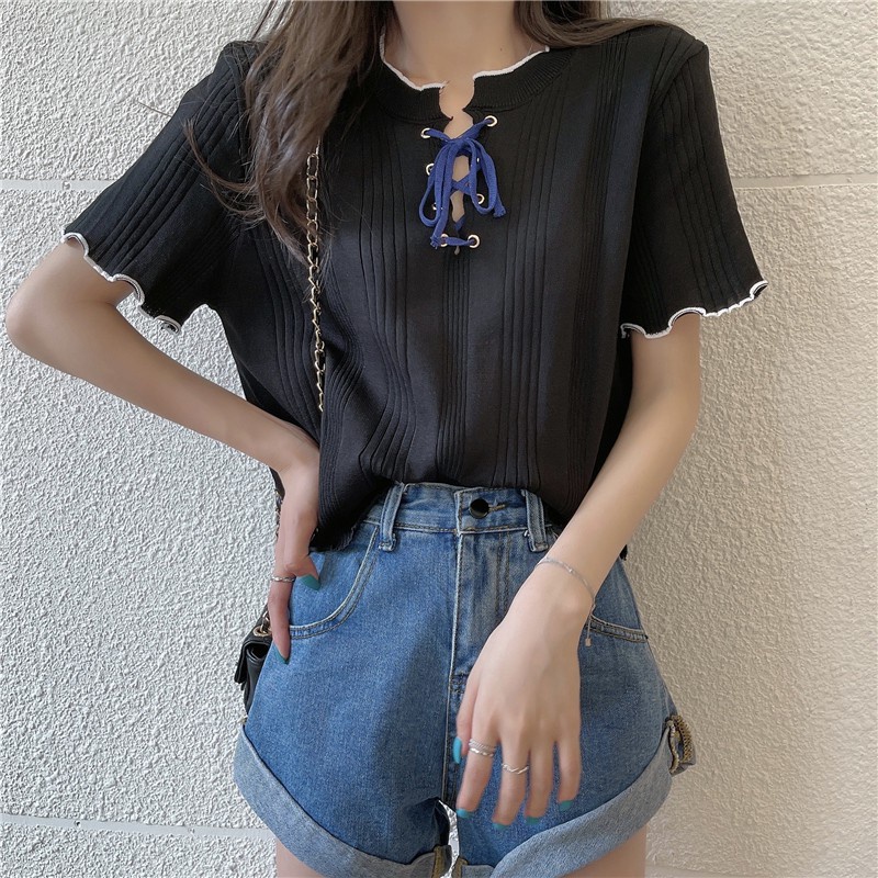 Áo dệt kim NZN tay ngắn dáng ôm cột dây đơn giản phong cách Hàn Quốc dành cho nữ