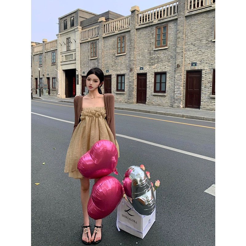 Sweet Spice Girl shoulder strap dress Women's Summer French Advanced feeling Pure temperament sleeveless loose short skirt