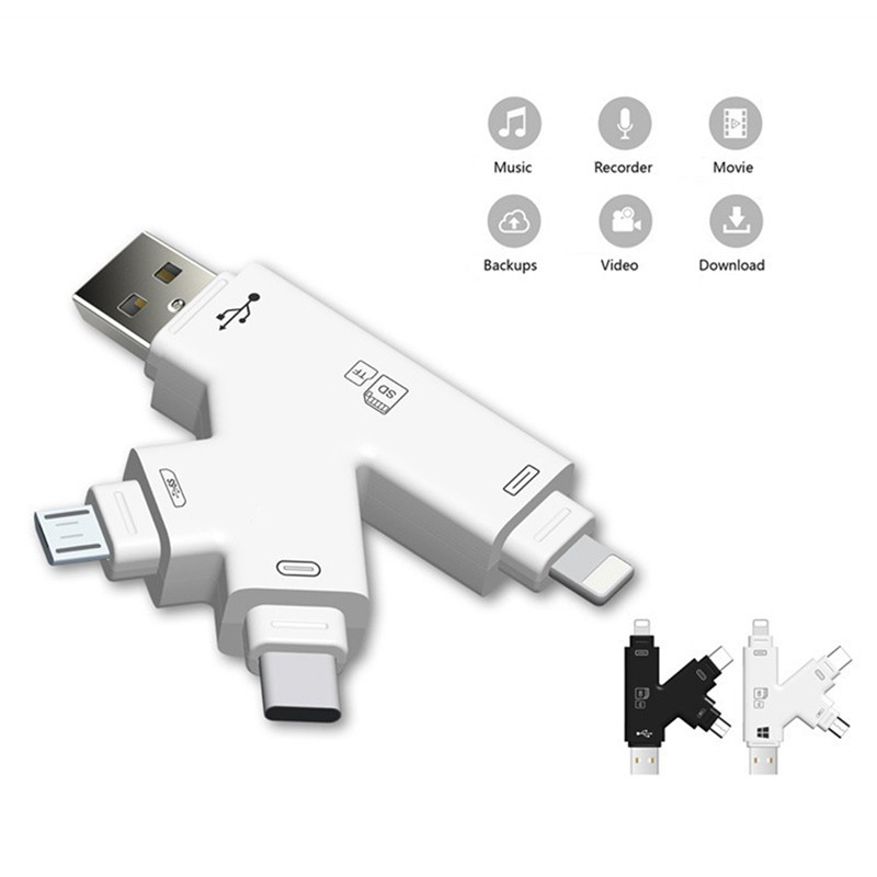 Type-C Micro-USB 4 in 1 Card Reader Adapter for iPad iPhone 12 11 Android MacBook OTG TF SD Reader Black