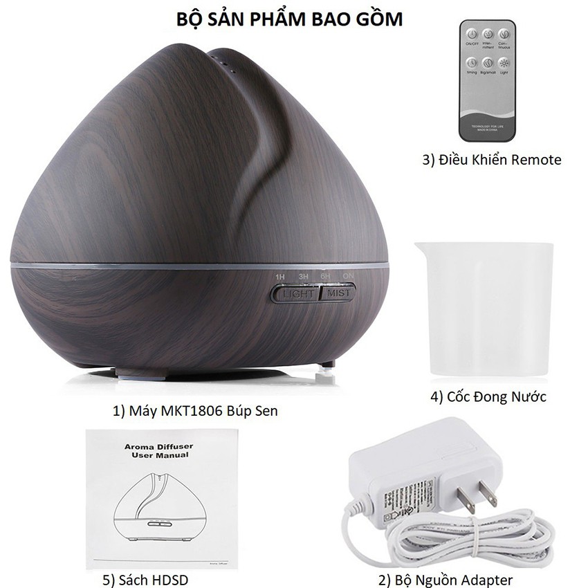 Máy Phun Sương Tạo Ẩm Búp Sen Dung Tích 550ml Có Chế Độ Tự Ngắt Khi Hết Nước Bù Độ Ẩm Phòng Điều Hòa