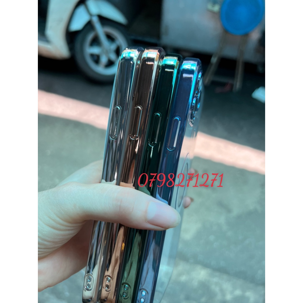 Ốp lưng dẻo trong viền vuông màu CÓ LỚP KÍNH bảo vệ Camera iPhone 11 12 13 pro max đính đá chìm