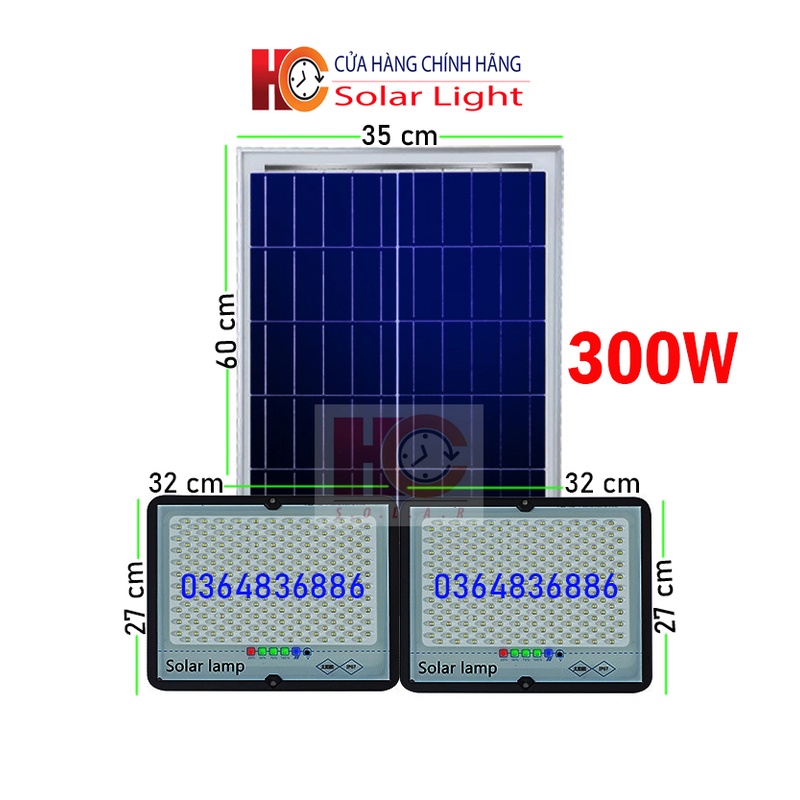 Đèn pha năng lượng mặt trời  HC SOLAR LINGHT 300W – Chống chói mắt, Vỏ nhôm, Tấm pin rời, Ánh sáng trắng, Kiểu Led mới