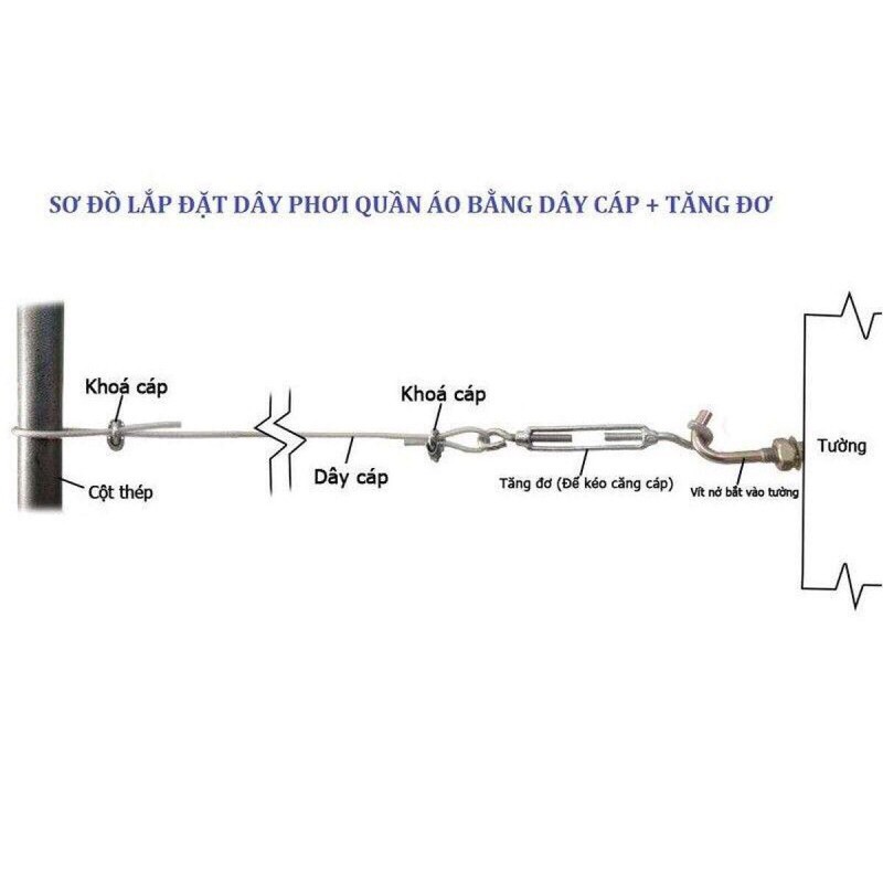 3m dây cáp bọc nhựa, dây phơi, phi 6 kèm bọc cáp 8 va tăng đơ M10 siêu bền chắc