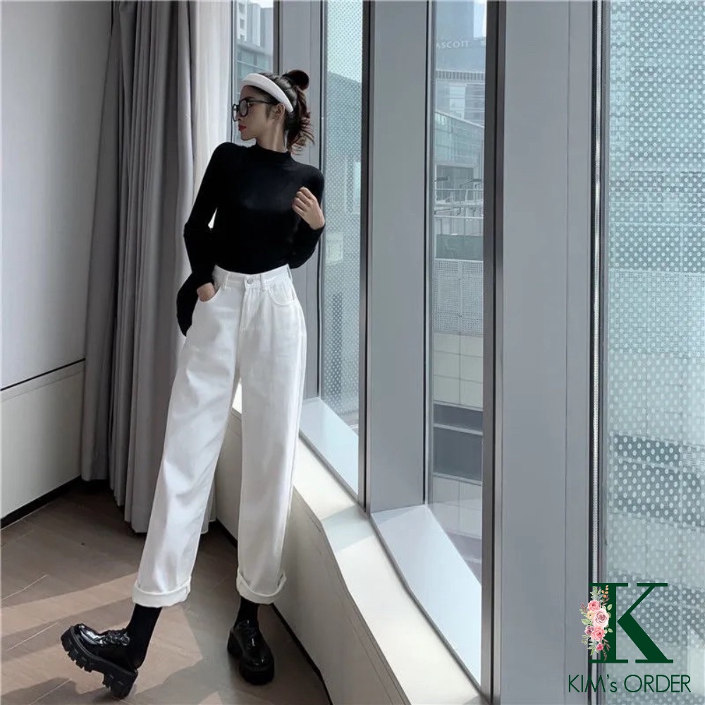 Quần Jean Nữ Màu Trắng Đen Trơn Basic Ống Suông Đứng Lưng Cao Phong Cách Ulzzang Hàn Quốc Đi Học Đi Làm Năng Động