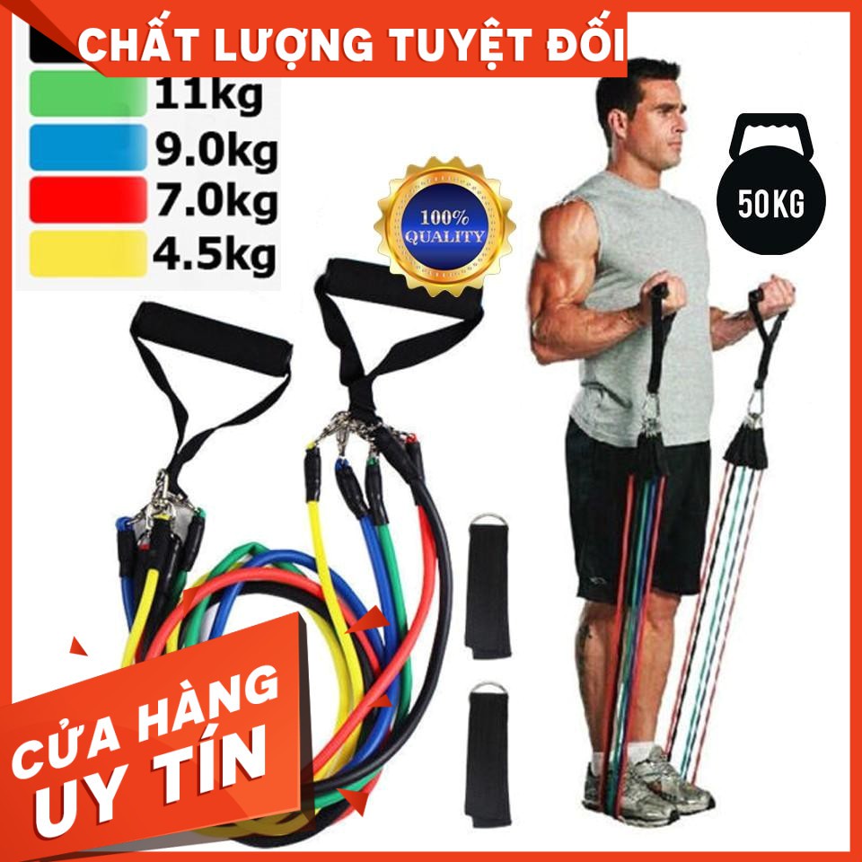 Xả Giá sỉ-Bộ Dây Tập Gym Ngũ Sắc Đàn Hồi Cao Cấp 11 Món - Dây đàn hồi tập thể hình - dây tập kháng lực 100LB tiêu chuẩn