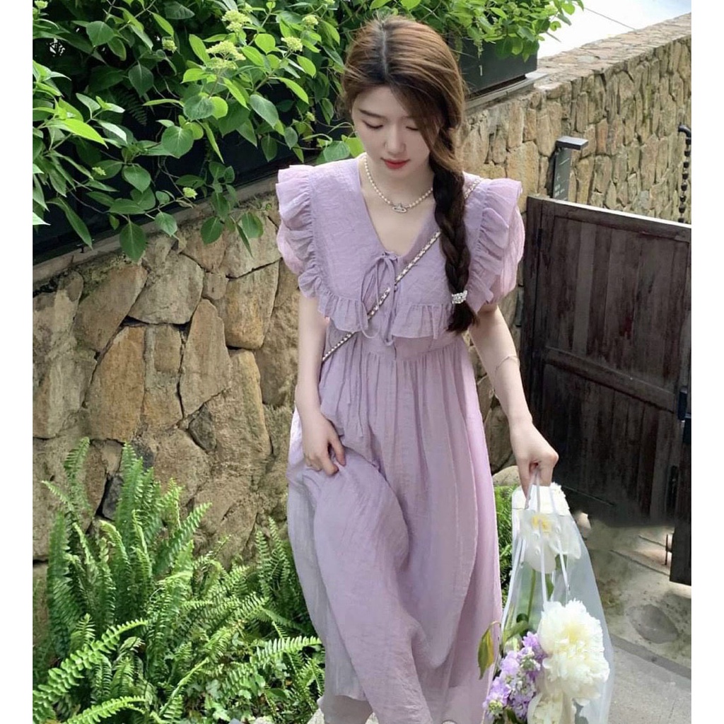 [HCM] Đầm Xòe Cổ Bèo Cột Nơ Trước Thời Trang Nữ Sam Closet Free Size 40-55kg