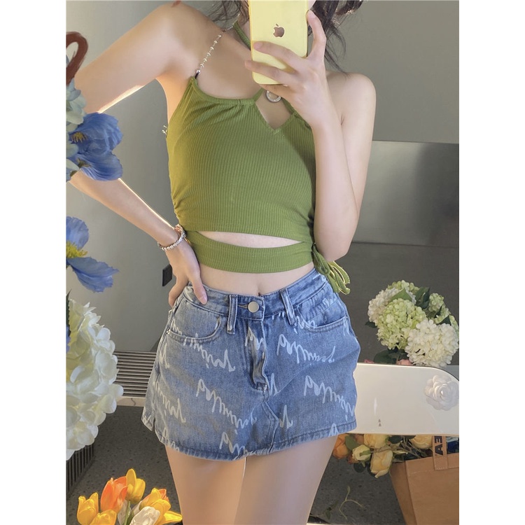 Áo Dệt Kim Hai Dây Dáng Ngắn Màu Xanh Lá Thời Trang Cho Nữ