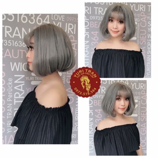 Tóc giả nguyên đầu Vic xám khói+ lưới trùm