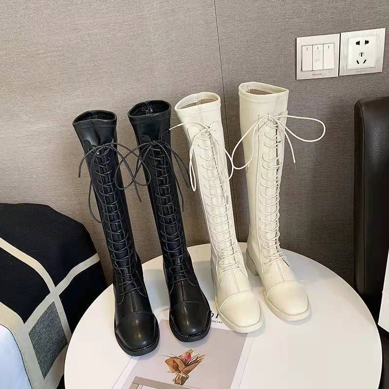 Giày bốt da cổ cao mềm mũi tròn có dây thắt thời trang dành cho nữ | BigBuy360 - bigbuy360.vn