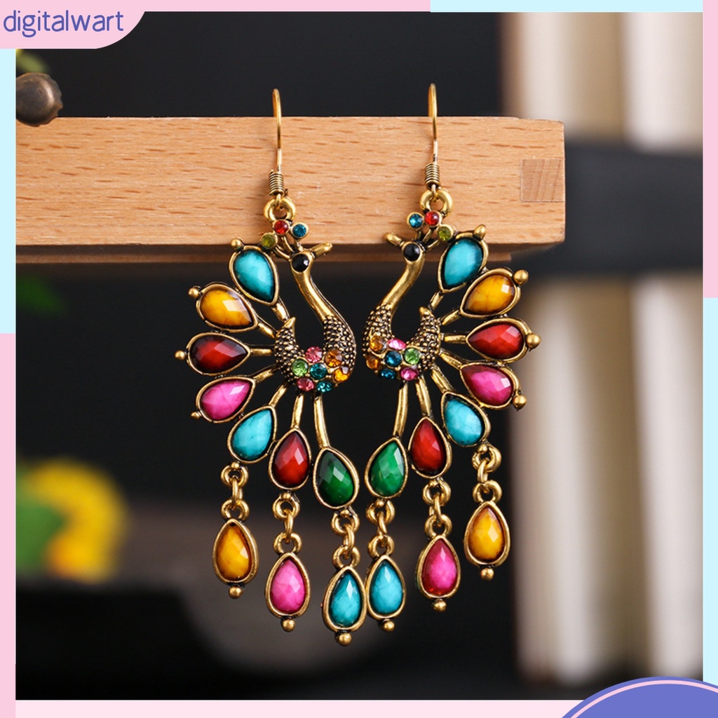 1 Đôi Bông Tai Dáng Dài Hình Chim Công Đính Đá Trang Nhã