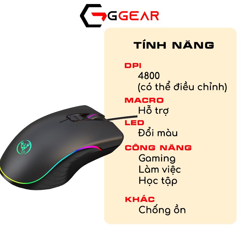 Chuột gaming máy tính có dây GGear HXSJ A867 led RGB 6400dpi bền bỉ cho game thủ cho laptop PC