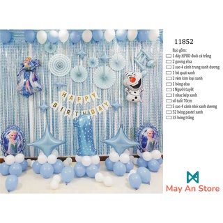 Combo bong bóng trang trí, tổ chức sinh nhật Happy Birthday nữ hoàng băng giá Elsa cho bé gái (Có đầy đủ phụ kiện)