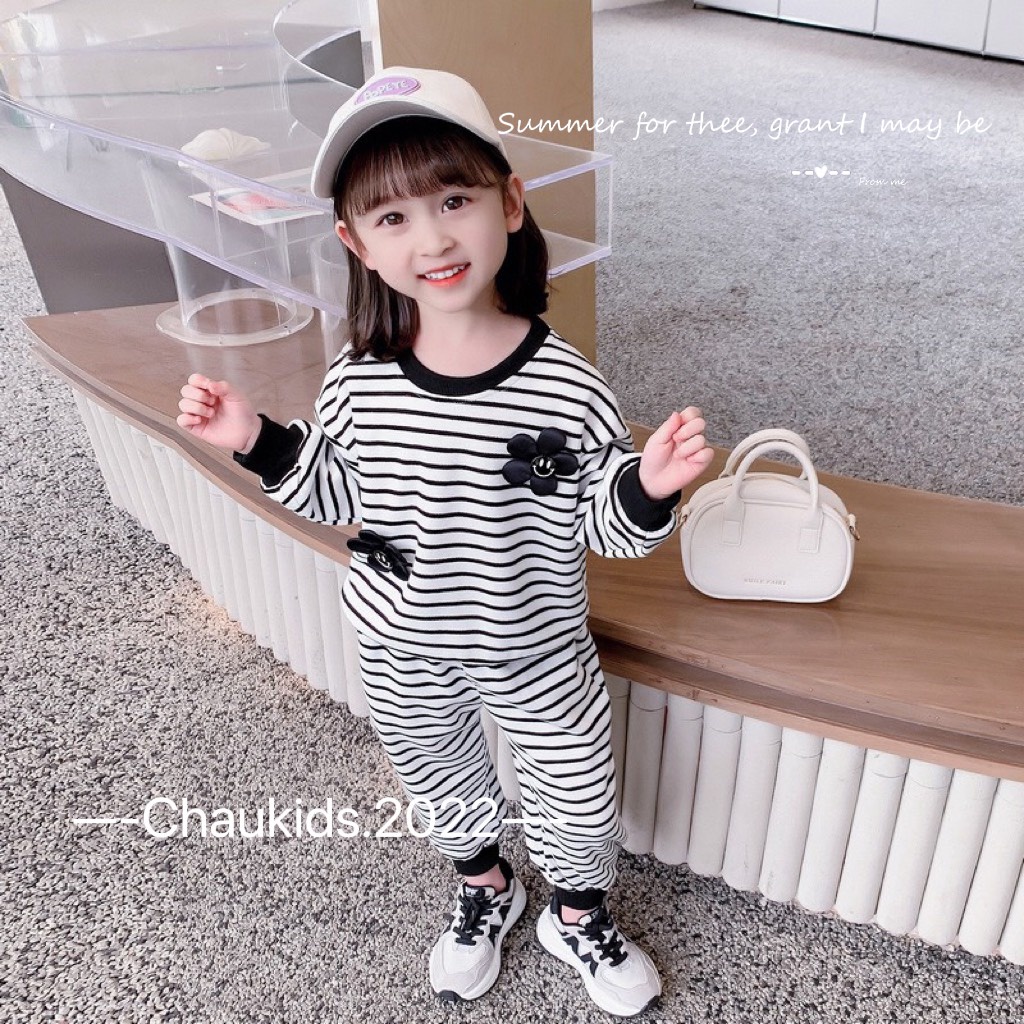 Bộ Dài Tay Bé Gái Vải Nỉ Da Cá Kẻ Sọc Đính Hoa, Bộ Quần Áo Cho Bé Mặc Nhà Thu Đông CKTD13