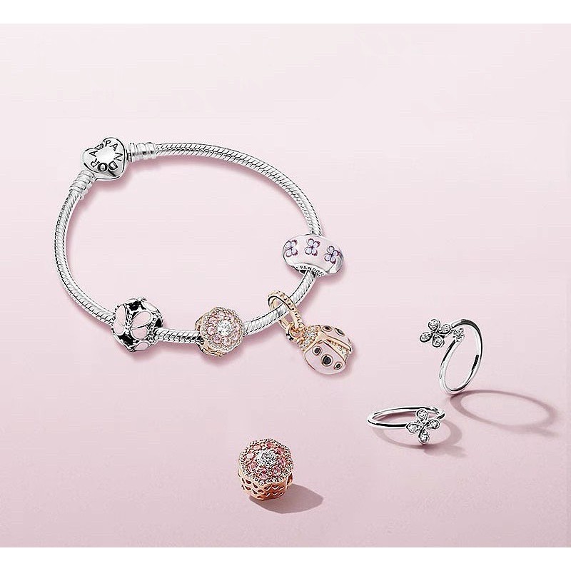 charm pan xỏ ngang vàng hồng đính đá hoa hồng bạc s925