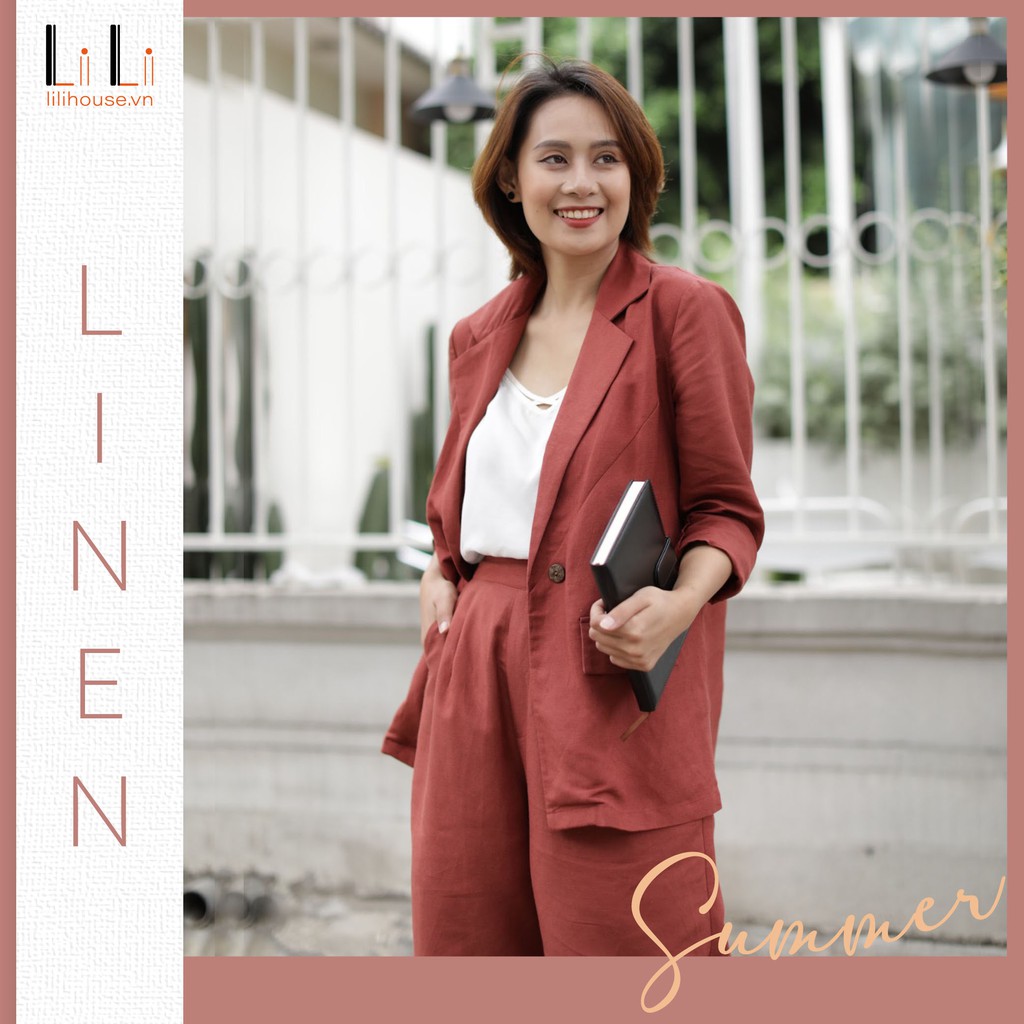 Set đồ vest blazer nữ phối quần ống rộng cao cấp công sở đẹp chất liệu linen tự nhiên mềm mát màu chery