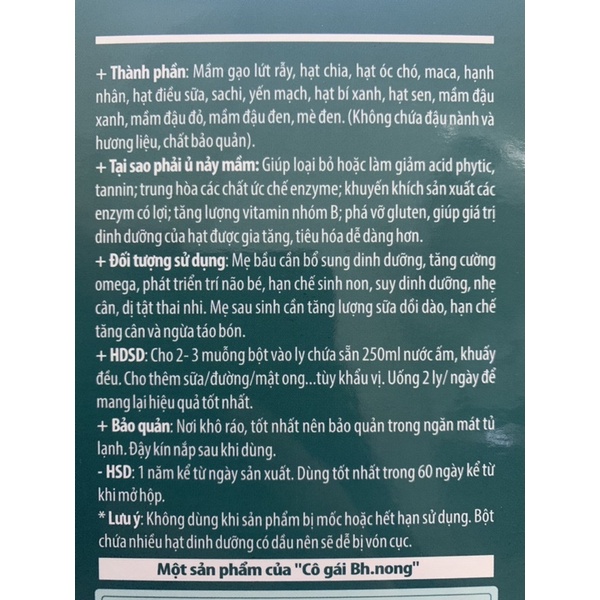 Bột mầm gạo lứt ngũ cốc nguyên chất không đường BH.Nong hộp 500gr, siêu hạt ngũ cốc rẫy, thực dưỡng eatclean