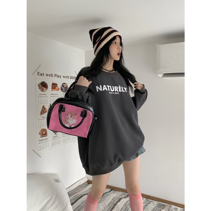 Áo Hoodies Tay Dài Cổ Tròn Hoạ Tiết Chữ In Thiết Kế Mới Cho Phái Nữ