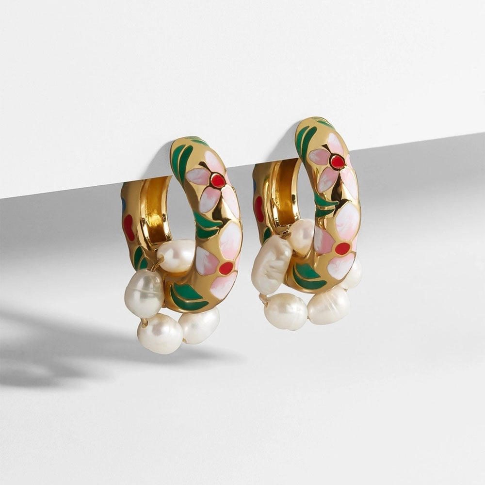 Đôi Bông Tai Mặt Hình Tròn Phối Hoa Đính Ngọc Trai Nhân Tạo Thời Trang