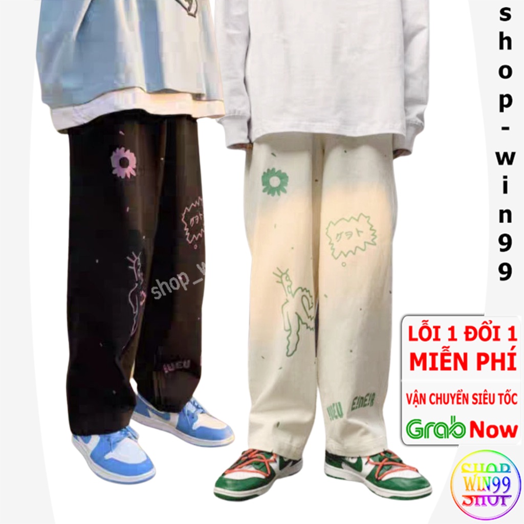 Quần jogger ống rộng GoPi Ống Suông basic unisex nam nữ dáng dài họa tiết hoạt hình Hiphop