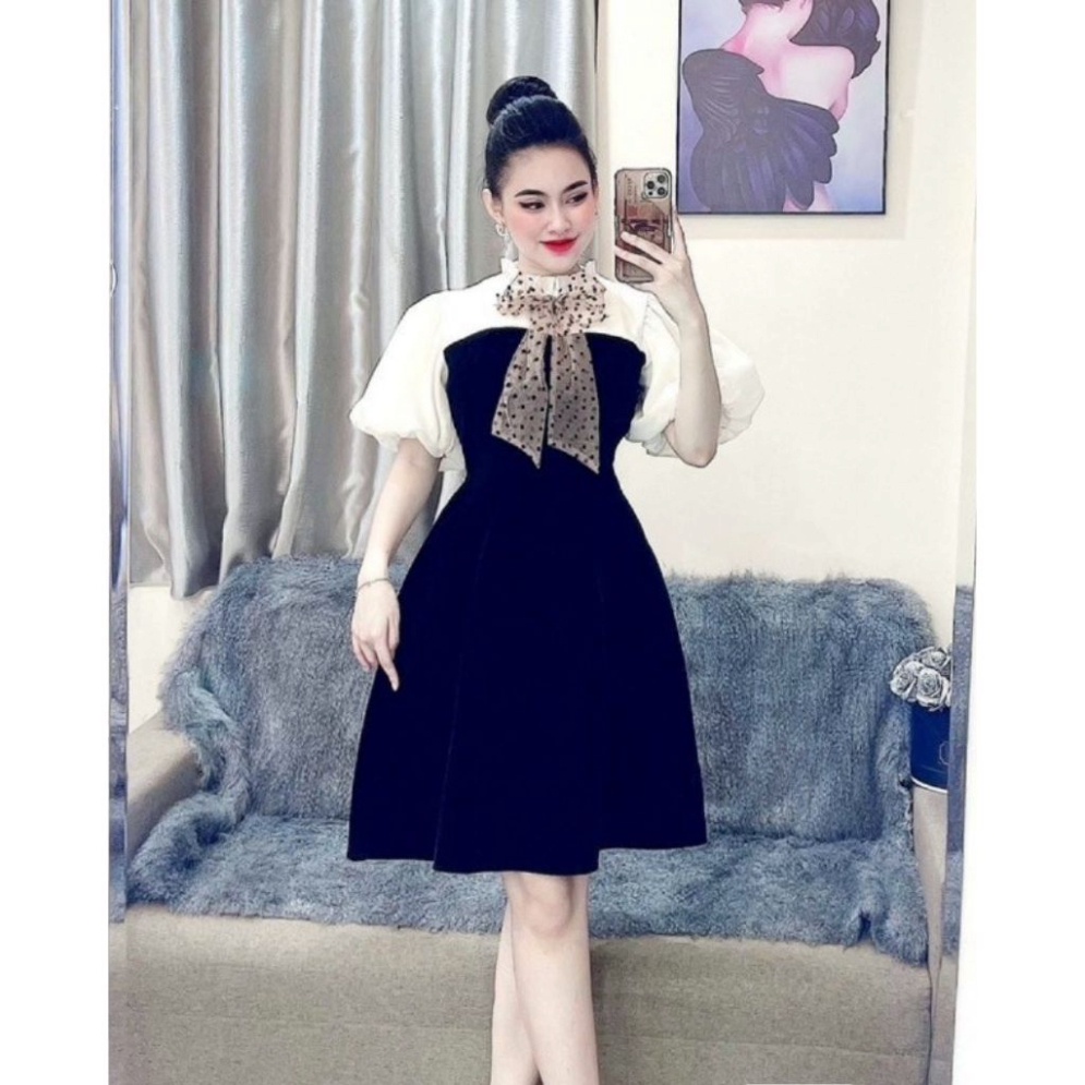 Váy nữ Thiết Kế xòe tay bồng nơ cổ xinh xắn, Đầm nhung dự tiệc sang chảnh HN clothing V25 2 | BigBuy360 - bigbuy360.vn