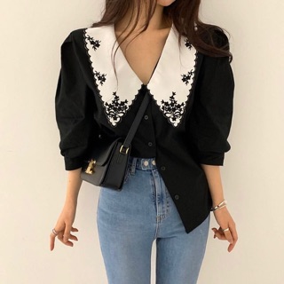 (A75) áo ulzzang vân hoa tay bồng tiểu thư cách điệu