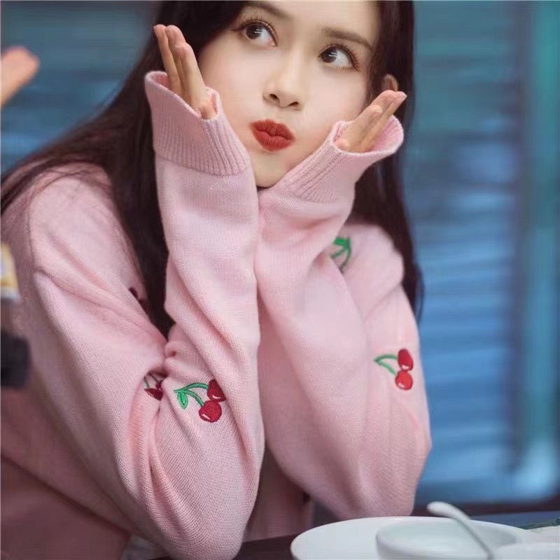 Áo Khoác Cardigan Dệt Kim Dáng Rộng In Họa Tiết Cherry Phong Cách Hàn Quốc Thời Trang Cho Nữ