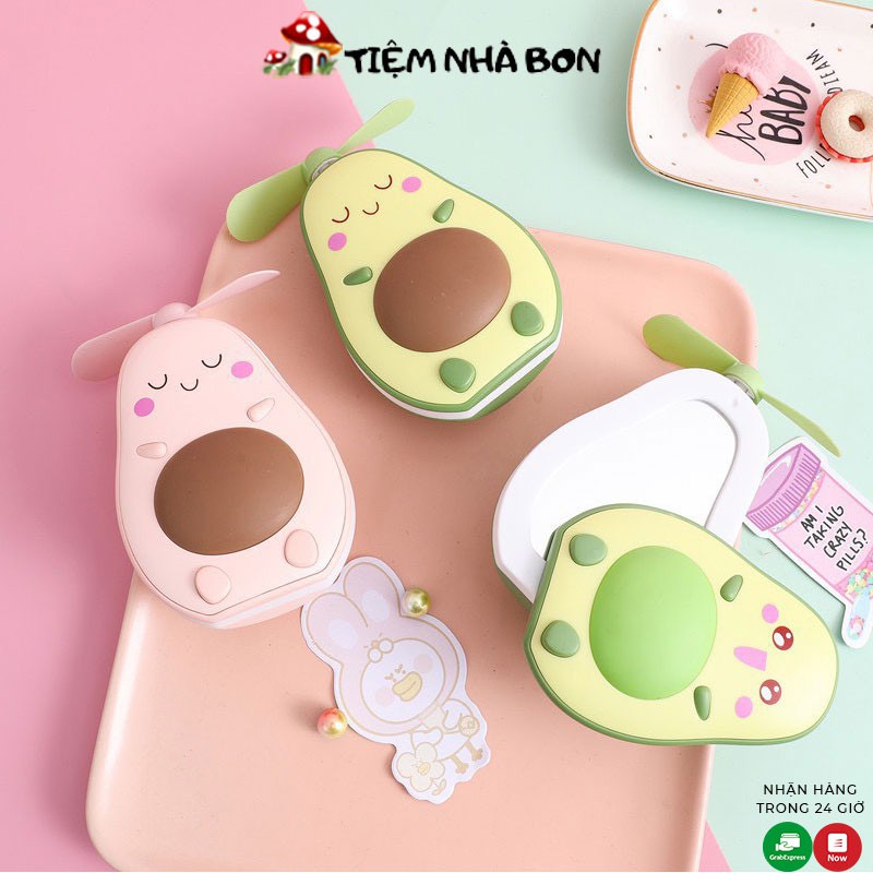 Quạt mini cầm tay hình quả bơ 3 in 1, Quạt cầm tay đa năng tích điện kèm gương và đèn