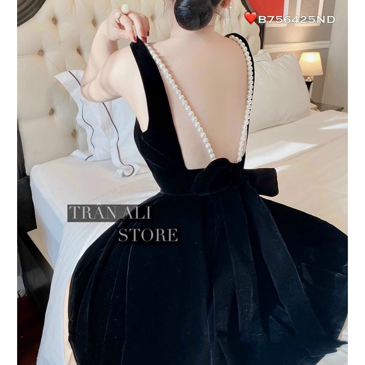 Đầm xoè Nhung 2 Dây Hở Lưng Hạt Ngọc, có mút ngực cột nơ sau lưng, đi tiệc bao sang chảnh