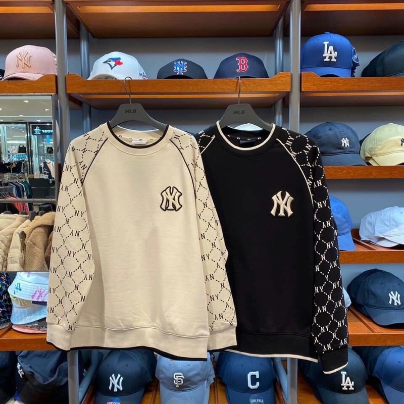 Áo nỉ sweater NY MLB raglan tay dài cổ tròn hoạ tiết