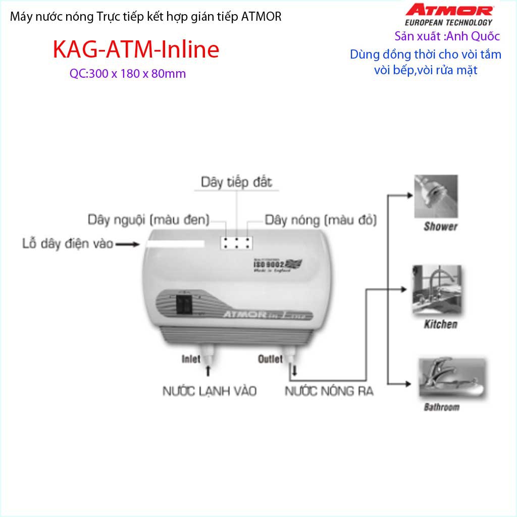 Máy nước nóng Atmor KAG-ATM-Inline trực tiếp kết hợp gián tiếp, 1 máy nước nóng dùng cho nguyên căn hộ chung cư