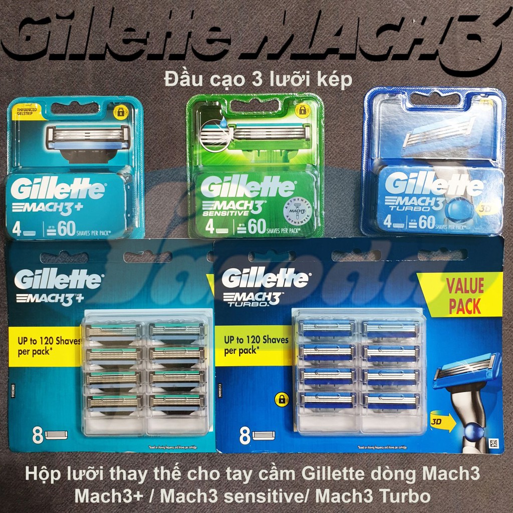 Hộp lưỡi dao cạo râu Gillette Mach3 Sensitive Turbo 3D Đầu cạo 3 lưỡi kép thumbnail