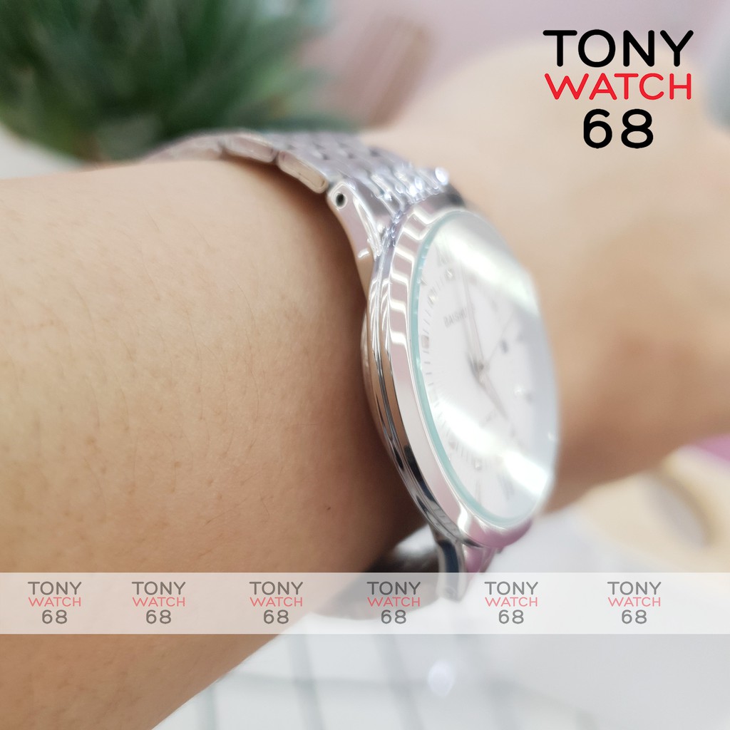 Đồng hồ cặp đôi nam nữ Baishuns mặt tròn trắng dây kim loại bạch kim chính hãng Tony Watch 68