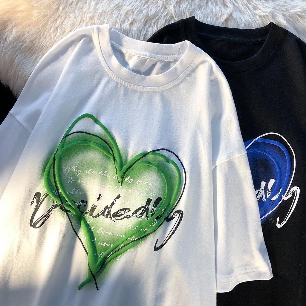 Áo Thun 100% Cotton Tay Ngắn Dáng Rộng In Hình Trái Tim Thời Trang Mùa Hè Cho Nam Và Nữ