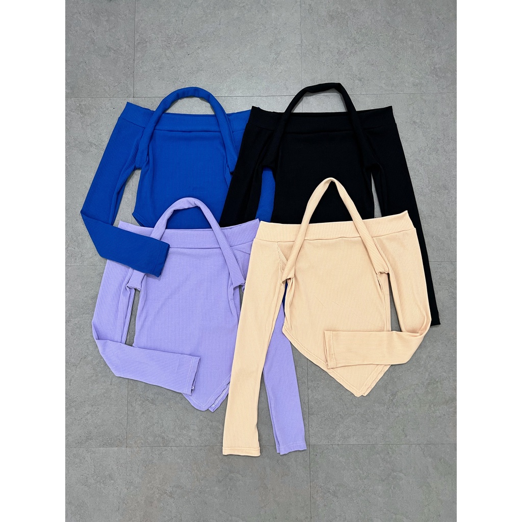 Áo croptop HHVINTAGE bẹt vai lệch tà tay dài chất thun co giãn