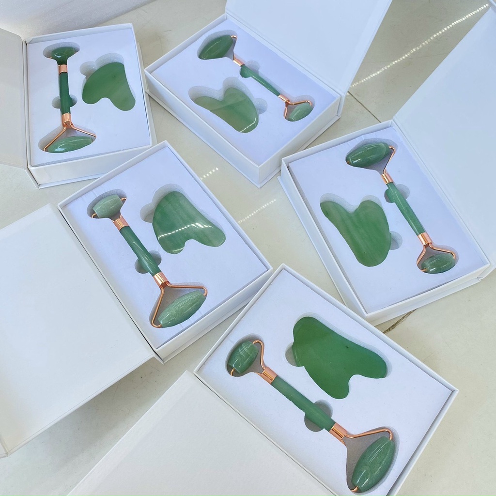 Combo Cây Lăn Mặt Mát Xa Và Miếng Đá Guasha Bằng Đá Thiên Nhiên Nhiều Mẫu Được Chọn Màu