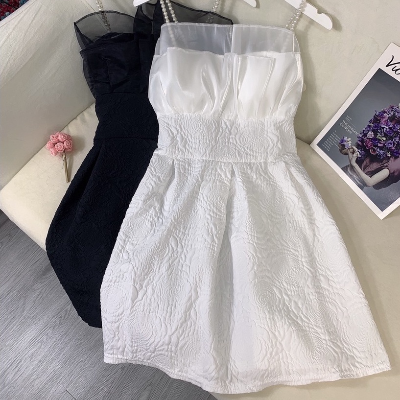 Váy đầm nữ 2 dây ngọc chất gấm Ylydress màu đen trắng xòe ngắn sexy hàn quốc freesize phom ôm body C938