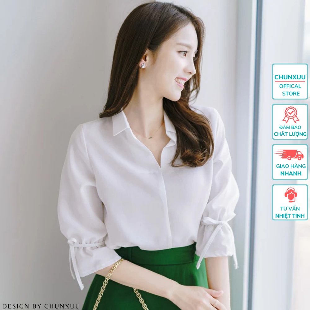 Áo sơ mi nữ trắng thắt tay nơ ChunXuu, Áo kiểu nữ chất vải Lụa mềm mịn thoải mái SK13