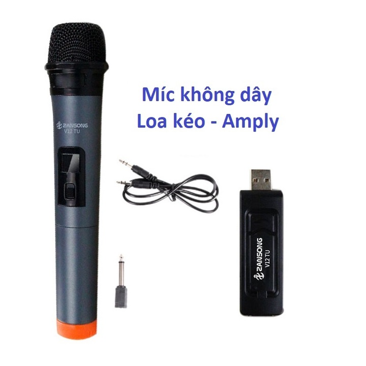 Míc Karaoke không dây V12, Kết nối Amply, Loa Kéo, loa không dây,Kèm jack 6.3 và 3.5. Nguồn USB, Tần số 265.85