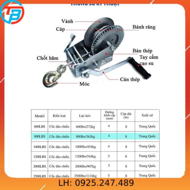 Tời Quay Tay 800 LBS Tải Trọng 320 Kg Có Cáp Móc 8 Mét