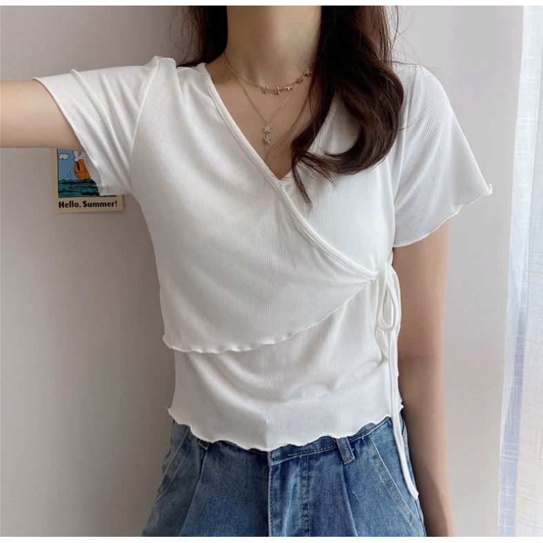 Áo đắp chéo cột nơ ngang eo