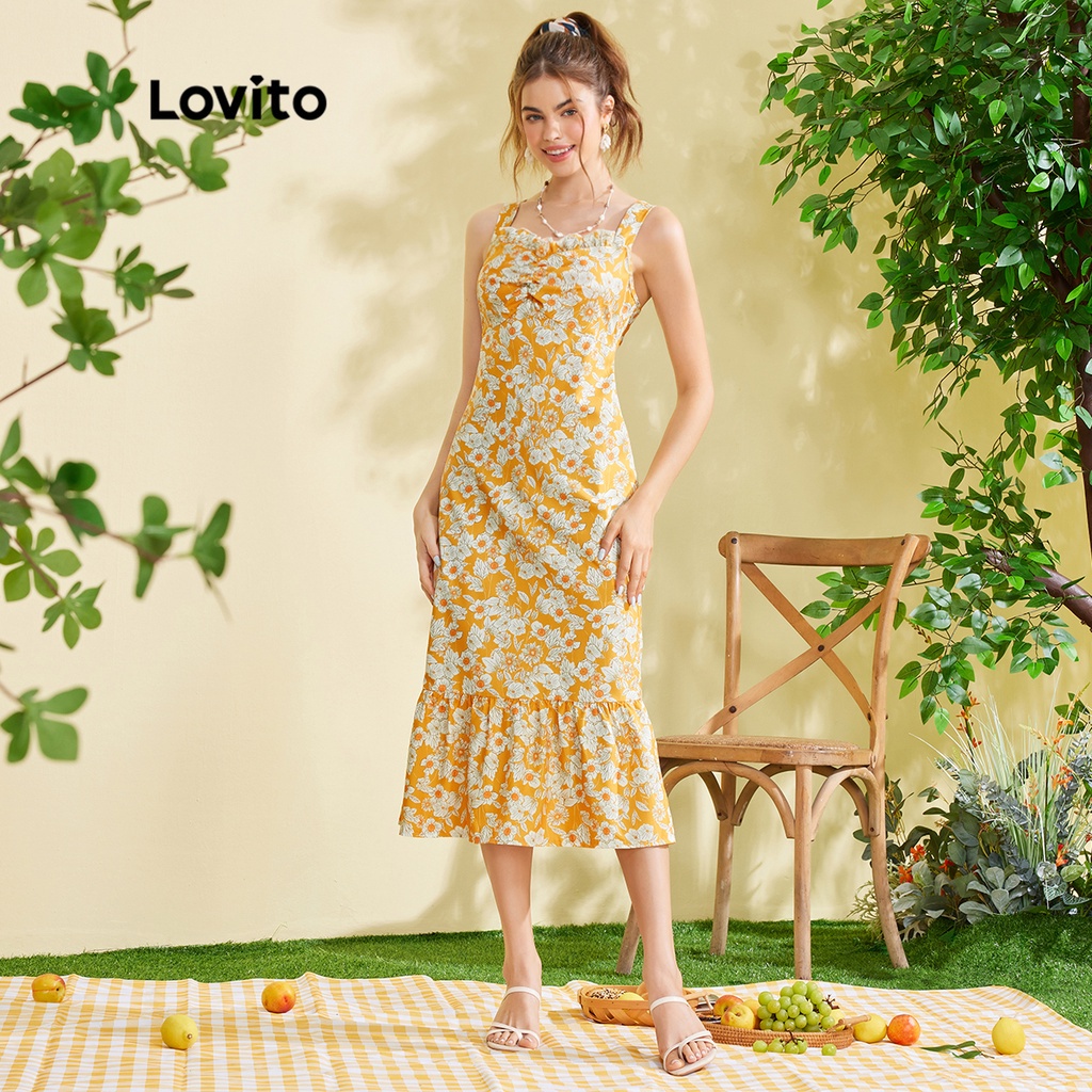 Lovito FREE NATURE Đầm Sát Nách Hoạ Tiết Cây Cối Phong Cách Bohomian L28EE039 (Vàng)