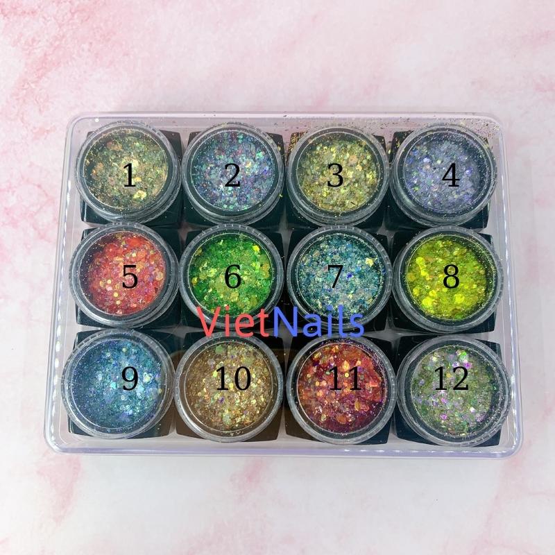Set nhũ kim tuyến vảy cá 12 màu trang trí móng nail