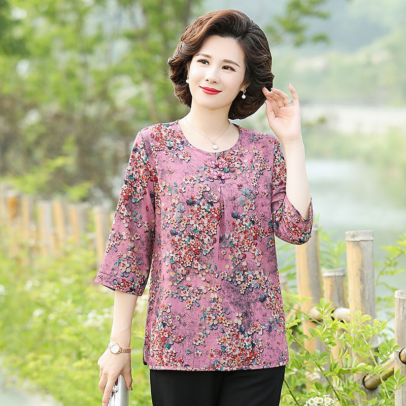 Rẻ và đẹp✙✼Quần áo bà ngoại trung niên mới lỏng lẻo Kích thước lớn Mẹ béo Đầm mùa hè Tay thun 7 điểm choàng