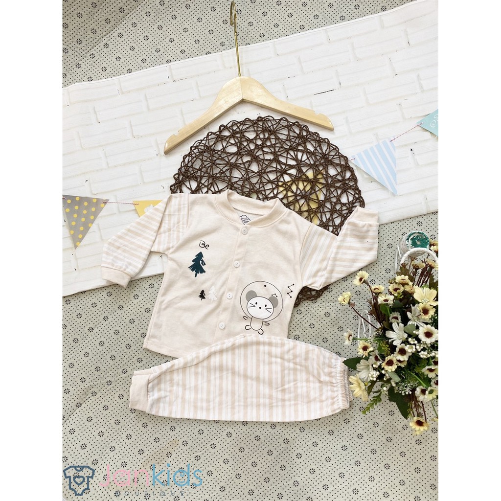 Bộ quần áo dài tay thu đông Unchi hình gấu nỉ cotton sợi tre mềm mịn, giữ ấm cho bé
