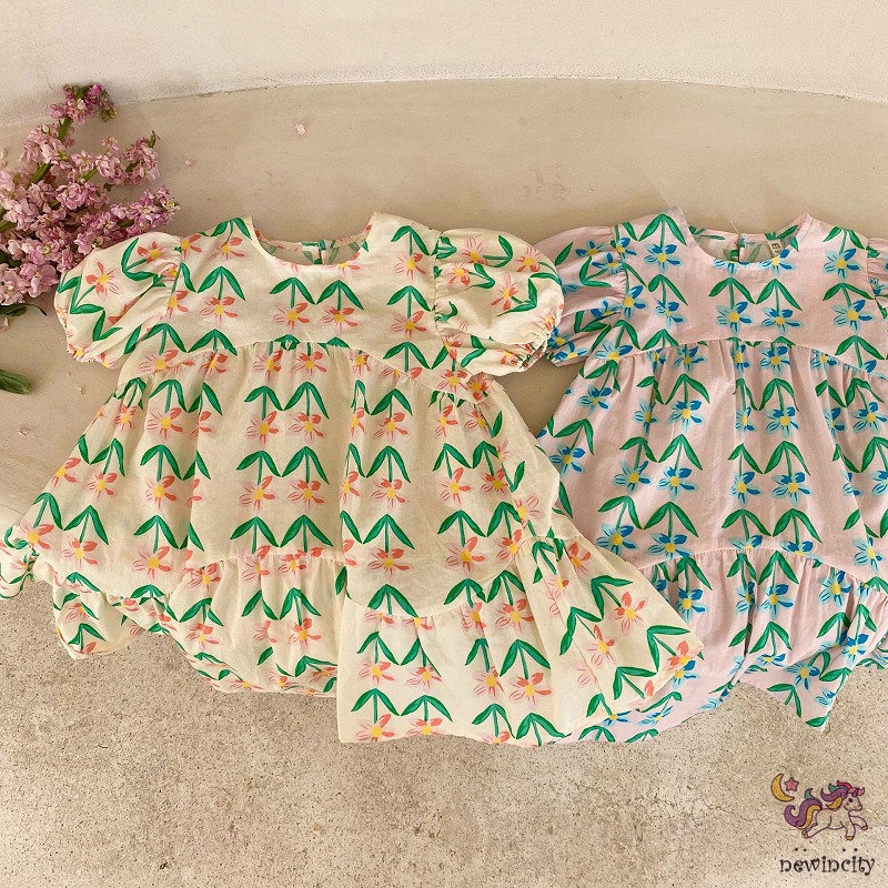 Đầm Công Chúa Tay Bồng In Hoa Phong Cách Hàn Quốc Dành Cho Bé Gái