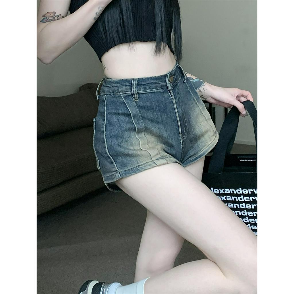 Ethelgirl Quần Short Denim Lưng Cao Co Giãn Phong Cách Vintage Đường Phố Mỹ Cho Nữ