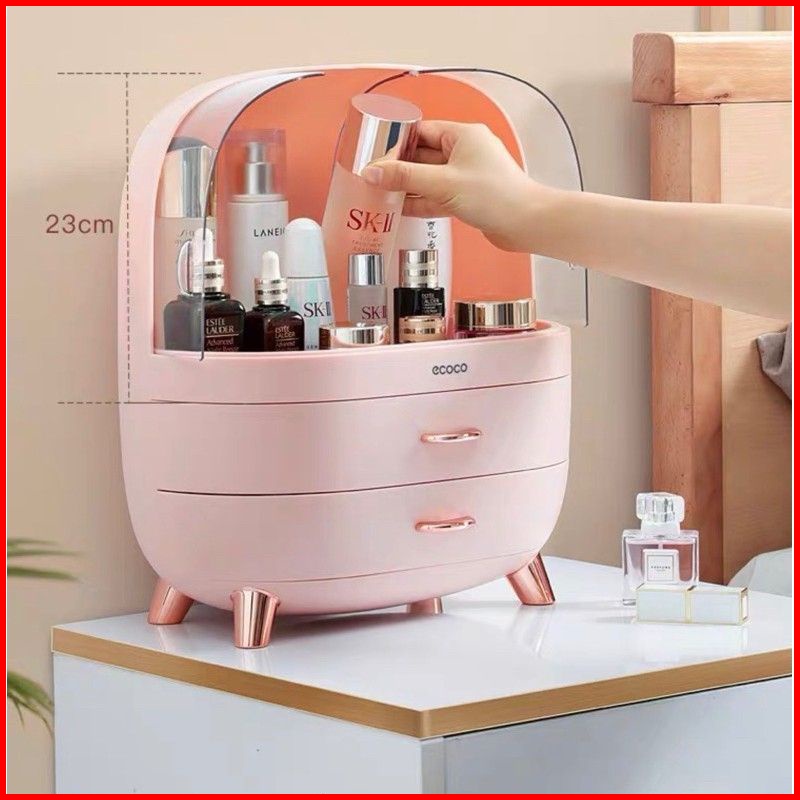 Hộp Đựng Mỹ Phẩm Để Bàn Ecoco Có Nắp Chống Bụi - 2 Ngăn Kéo, Hộp Mỹ Phẩm Mini, Kệ Để Đồ Đa Năng Nhựa ABS Cao Cấp
